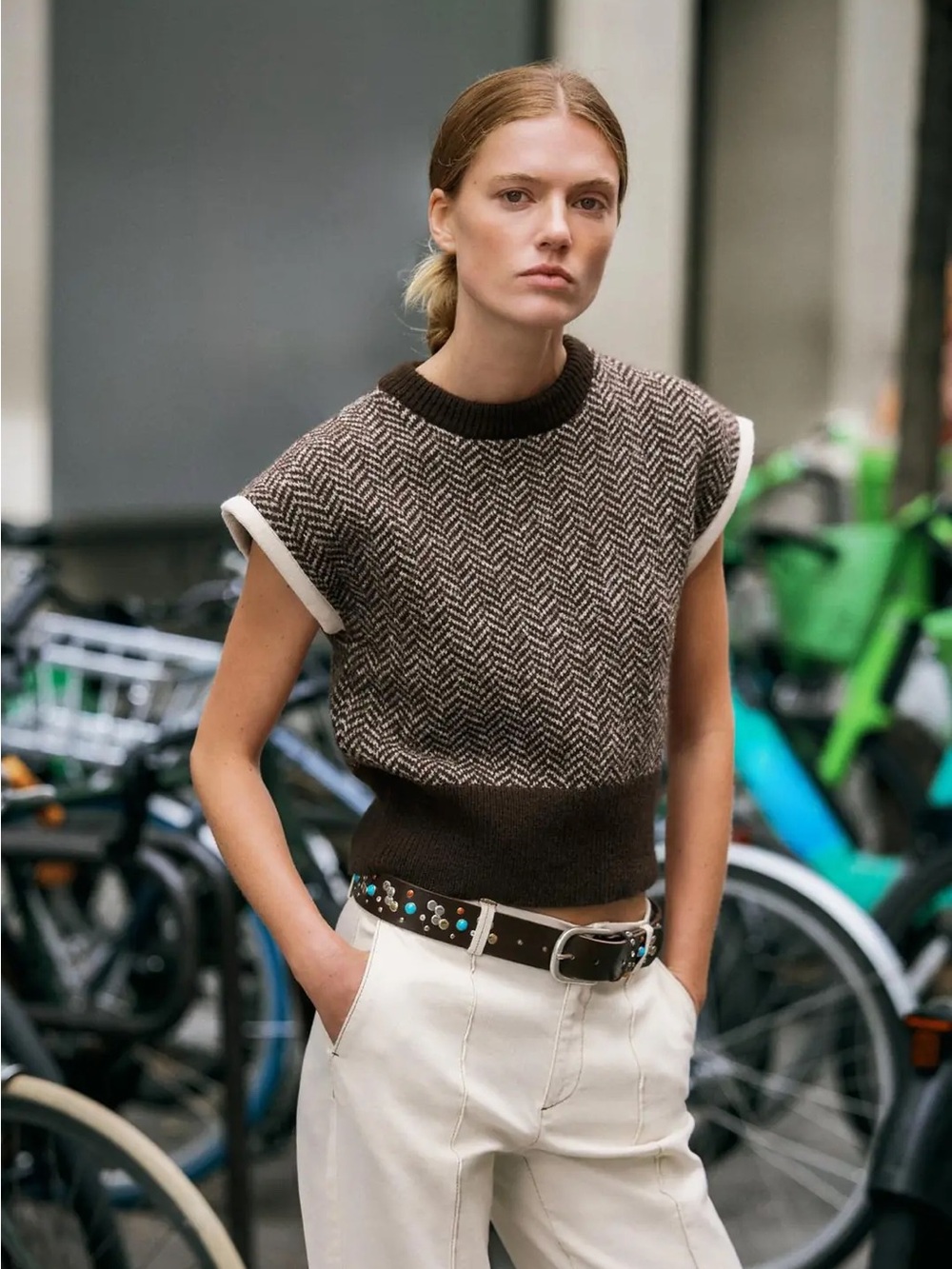 ZARA Herringbone Knit Vest Brown Cropped Sweater XS Preppy Minimalist